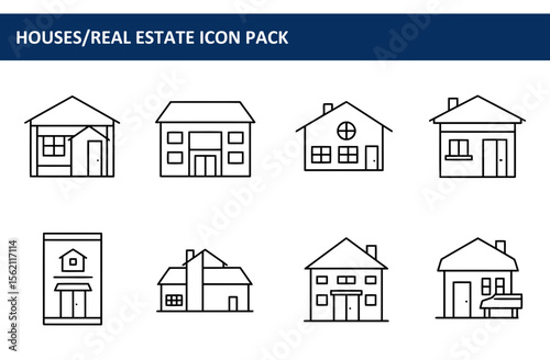 Collection of various house/residential building line art icons in a real estate theme. Simple, outlined representations of different house styles.