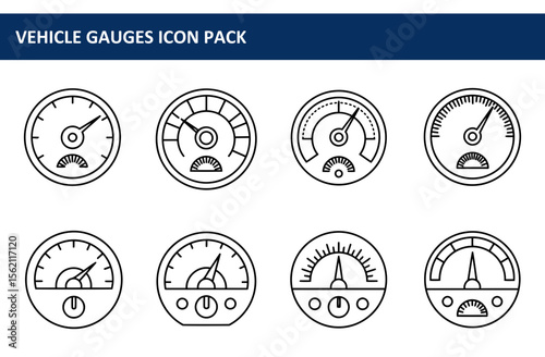 Vehicle gauge icons in a line art style. Simple, flat illustrations of various vehicle gauges in a dashboard. Automotive design element set for automotive or mechanical project.