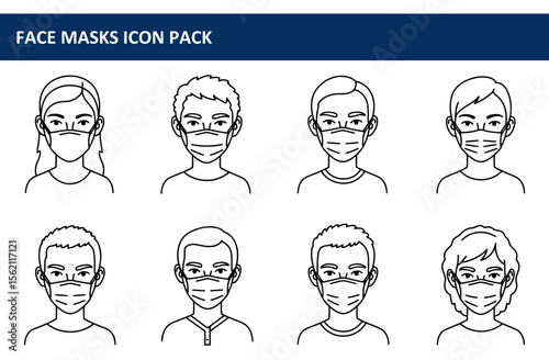 Line art illustration of diverse people wearing face masks in various poses. Diverse individuals in casual wear, wearing protective face masks, in a general setting.