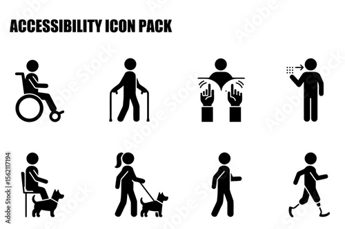 Accessibility icons depicting various disabilities in a universal style. People using wheelchairs, walkers, guiding dogs, and assistive technology, displayed against a plain white background.