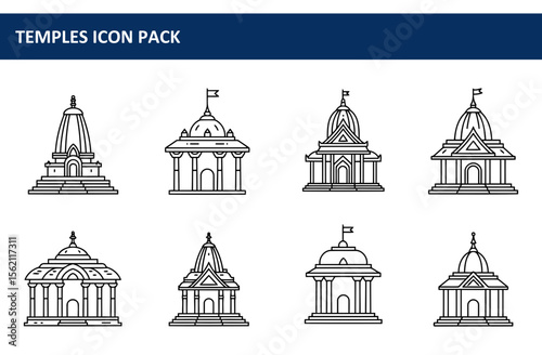 Hindu temple icons in various architectural styles. Collection of line art temple designs with architectural details.