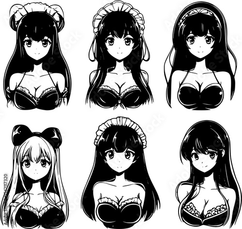Black and white illustration featuring six attractive anime maids with different hairstyles and accessories