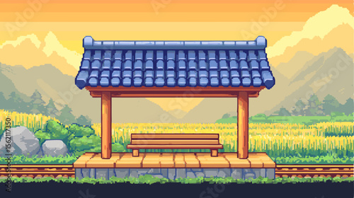 Serene pixel art train station with a bench, overlooking golden fields and mountains at sunset