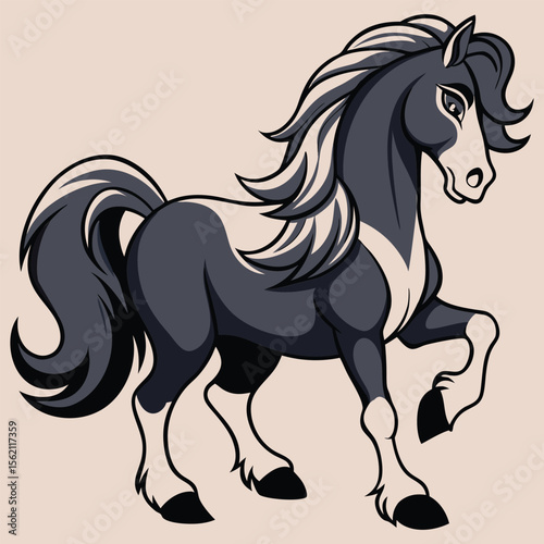 Cartoon Illustration of a Majestic Horse with Flowing Mane and Tail Standing Proudly on a Light Background
