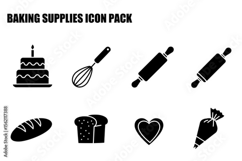 Baking supplies icons in a flat design style. Set of simple, black and white icons depicting various baking tools and ingredients.