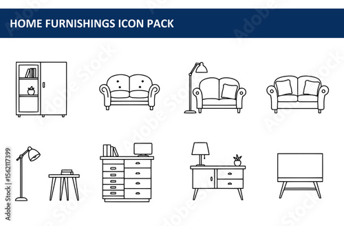 Home furnishings icon pack showcasing various pieces of furniture for a living room, bedroom, and study/office setting.
