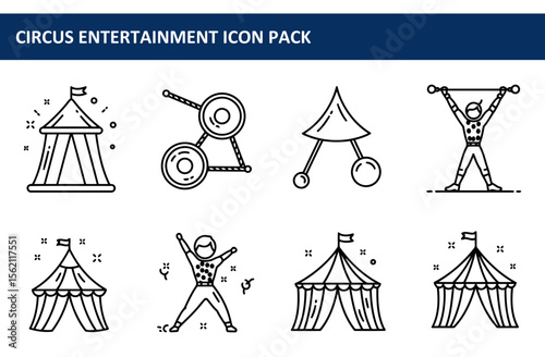 Circus entertainment icon pack depicting various circus acts and structures. Outlined figures of performers and equipment, presented against a white background.