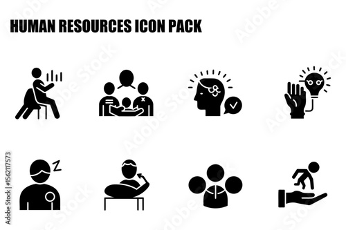 Human Resources Icon Pack depicting various professional activities in a business setting. Diverse employees collaborating and participating in team-building initiatives.