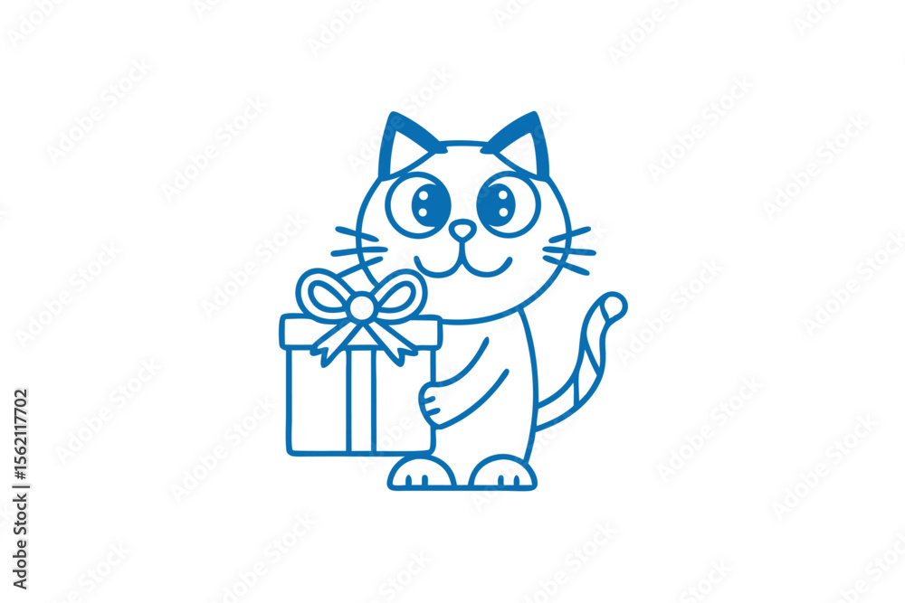 Obraz premium Cartoon cat in blue outline is holding a gift box with a bow