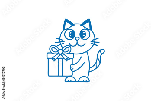 Cartoon cat in blue outline is holding a gift box with a bow