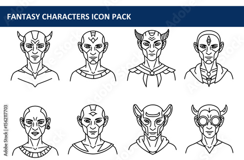 Fantasy character portraits of diverse humanoids in various styles and accessories. Portraits of stylized faces in a digital illustration pack with a white background.