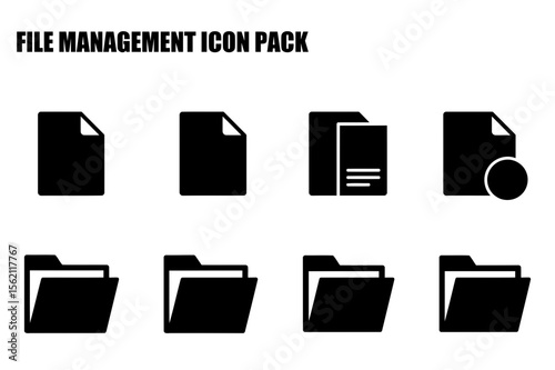 File management icons depicting various file types and folders. Simple, black and white icons for digital use in a user interface.