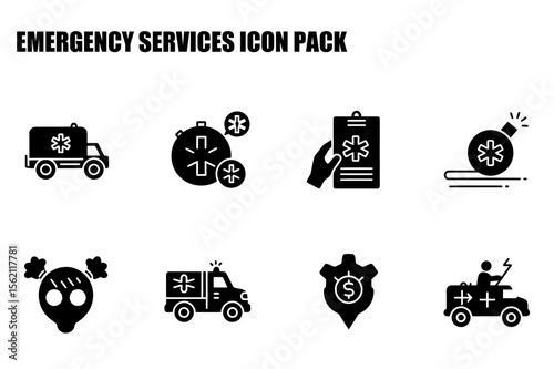 Emergency services icons with various representations of ambulance, time, medical reports, and bombs. Emergency vehicle icons in a flat style for use in an emergency services icon pack.