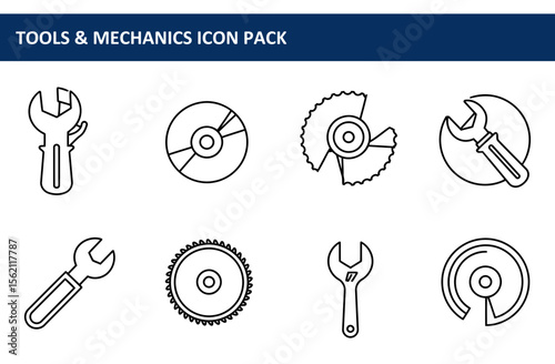 Line art illustration of various tools and mechanics icons. Simple, graphic representations of wrenches, circular saw, and compact discs.