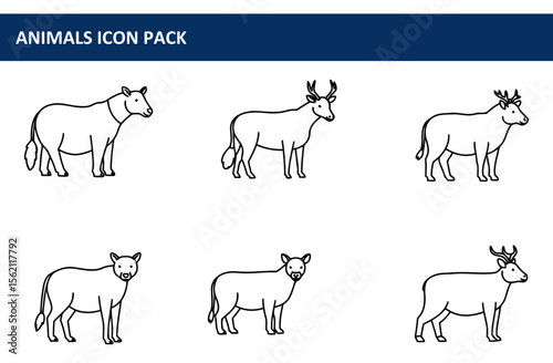 Animal icons for an icon pack in a side profile view. Simple line drawings of various animals with antlers and tails, positioned against a plain white background for graphic design.