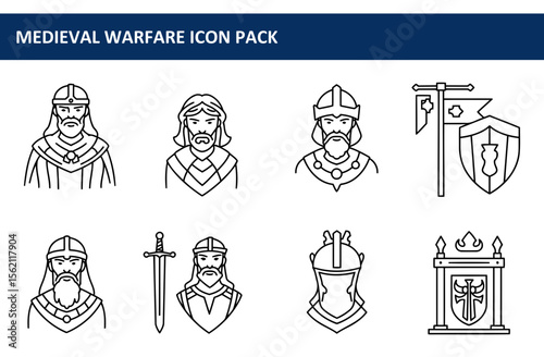 Medieval Warfare Icon Pack depicting various figures in armor and attire, including kings, warriors, shields, and flags, against a plain background.