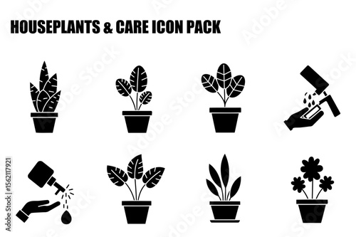 Houseplant care icons depicting various houseplants in pots, watering, and plant care actions.