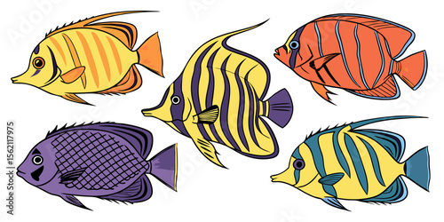 Set of tropical marine animal vector illustrations of swimming fish in an exotic underwater reef