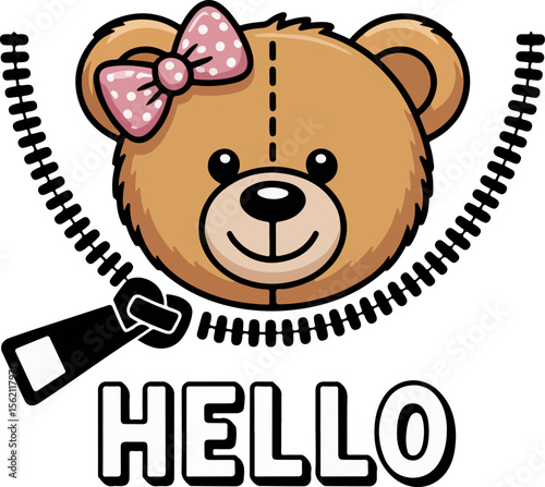 Cute cartoon teddy bear with pink polka dot bow opening zipper with hello text