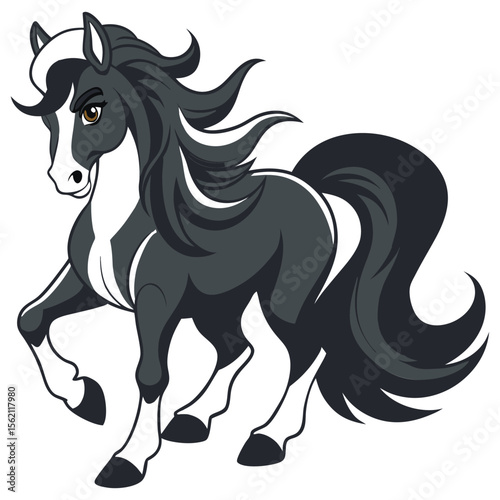 Cartoon Horse with a Flowing Mane and Tail in a Galloping Pose on a White Background