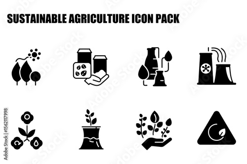 Sustainable agriculture icons depicting various stages of the process with no human element. Sustainable agricultural process icons illustrating various stages and methods in a flat design.