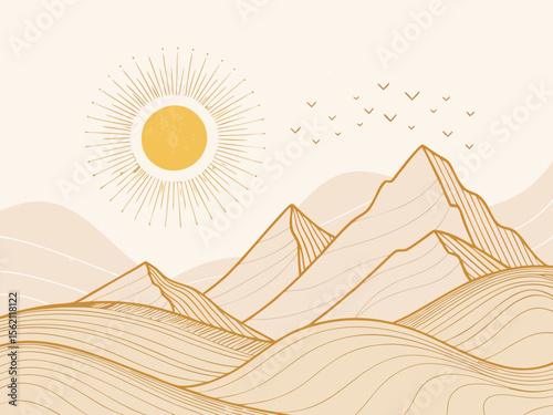 Vibrant summer desert landscape vector illustration with orange sun, sand dunes, and distant mountains under a warm sky