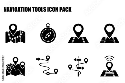 Navigation tools icons in various styles for a digital map application. Set of black and white icons illustrating different navigation methods and tools.