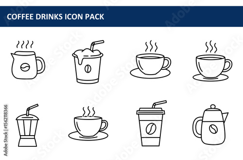 Coffee drink icons featuring various coffee beverages in simple line art style. Collection of hot and cold coffee drinks displayed on a white background.
