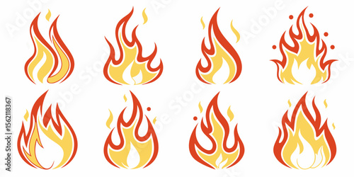 Hot burning fire flames vector icons set with orange and yellow elements