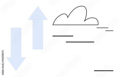 Blue upward and downward arrows next to a simple cloud outline. Ideal for concepts of data transfer, cloud computing, server management, online storage, synchronization, communication, technology