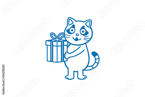 Blue line art cat cheerfully presents a wrapped gift with a decorative ribbon