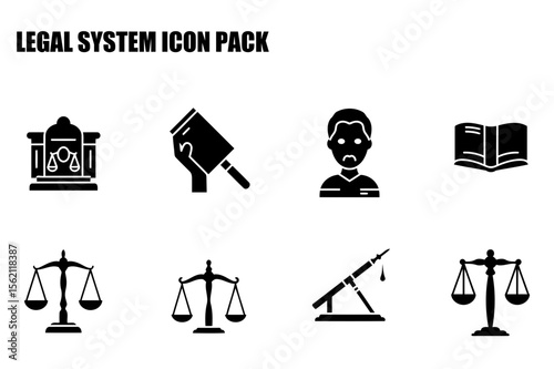 Legal system icons depicting various elements of the judicial process. Court building, legal documents, a judge with an unhappy expression, scales of justice, and evidence with a drip.