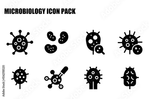 Microbiology icons showing various microorganisms in different configurations.