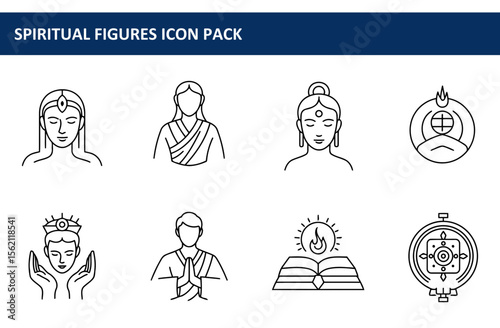 Spiritual figures icons in various poses and settings. Line art depictions of diverse figures in prayer, meditation, and other spiritual activities.