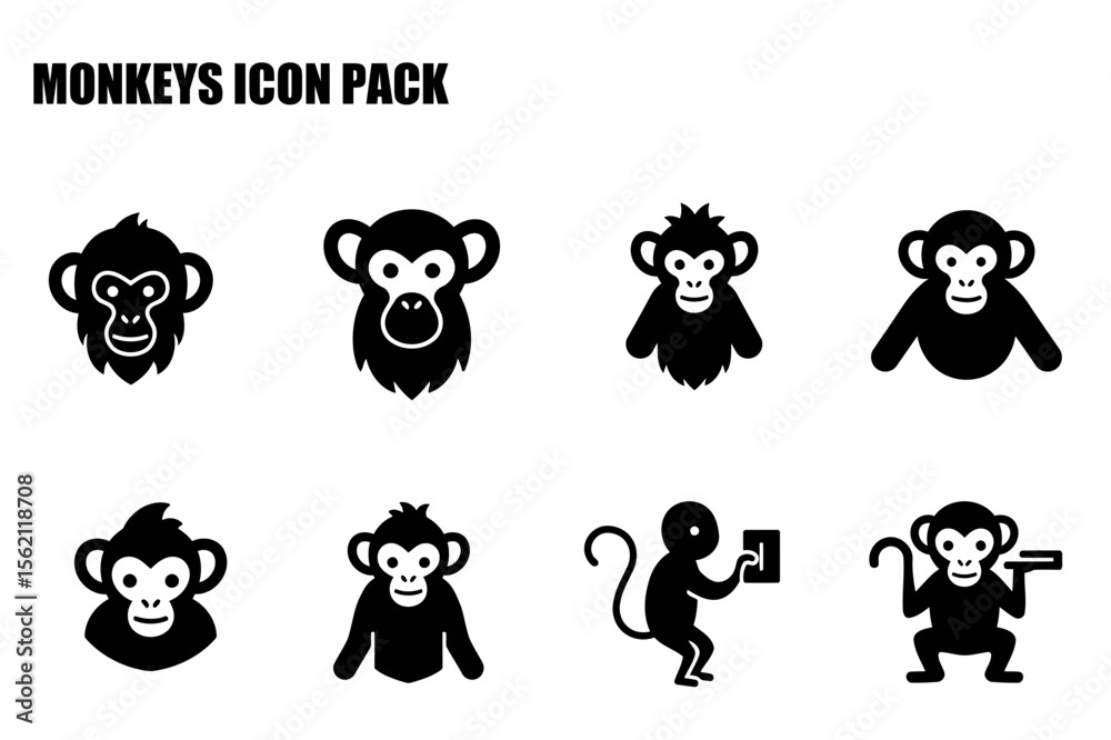 Obraz premium Simple monkey icon set for design, illustration, or educational purposes. Various monkey poses including headshots and actions, against a plain background, with no context.