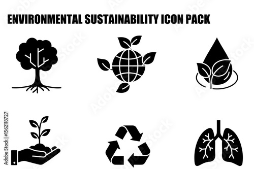 Environmental sustainability icons in a graphic design format. Set of black and white, simple icons for environmental themes on a white background.