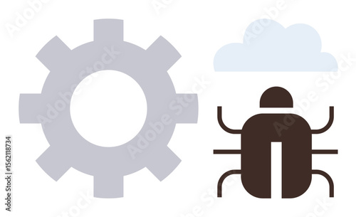 Gear, bug, and cloud represent software errors, system malfunction, and cloud-based debugging. Ideal for technology, coding, repair, troubleshooting innovation digital optimization simple flat
