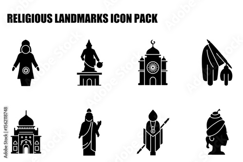 Religious landmarks icon pack depicting various cultural and religious sites