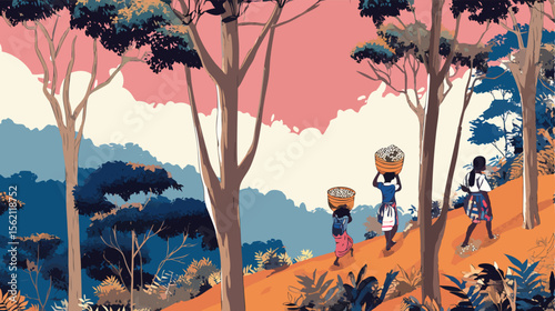 Three african women farmers carrying baskets filled with cotton harvest walking on a path through a colorful forest