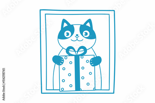 Cute framed cat in blue color holds a present with dotted pattern