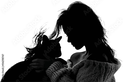 Silhouette of young woman holding her cat with love and tenderness, black and white image on white background