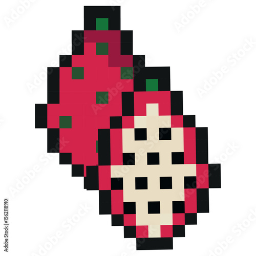 pixel art style exotic fruit icon, namely dragon fruit icons, retro 8-bit graphics style with visible square pixels and minimal color palette