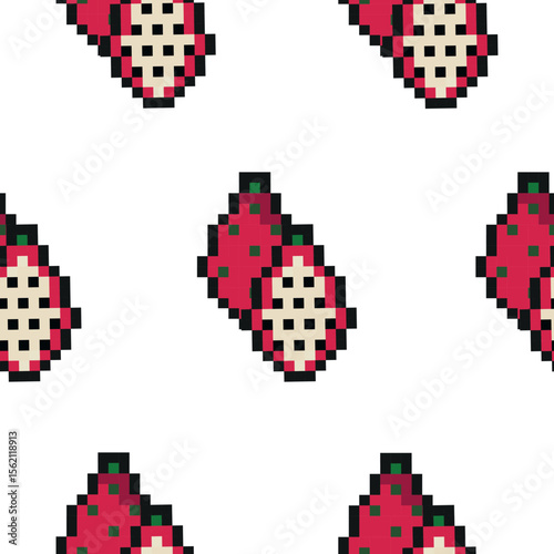 pattern with exotic fruit in pixel art style, namely dragon fruit icons, retro 8-bit graphics style with visible square pixels and minimal color palette