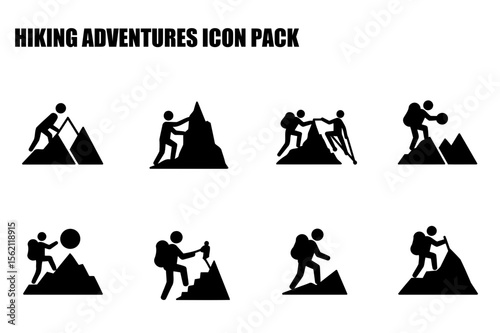 Hiking adventure icons showing various climbers in action on mountains. Teamwork and individual climbing depicted on mountain landscapes.
