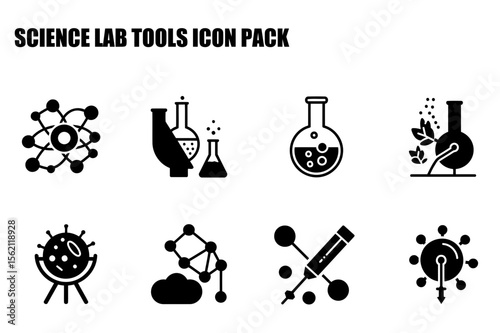 Science lab tools icon pack depicting various scientific equipment and processes. A collection of black and white icons illustrating different tools and technologies for research and experimentation.