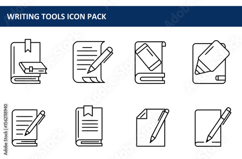 Writing tools icon pack showcasing various writing tools in different settings. Collection of writing tools displayed with a simple and clean line art style.