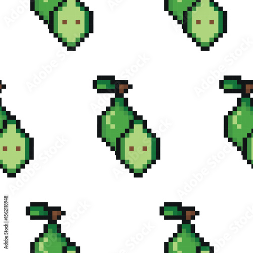 pattern with garden fruit in pixel art style, namely a green pear icon, retro 8-bit graphics style with visible square pixels and a minimal color palette