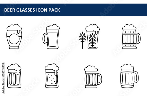 Line art icons of various beer glasses with different styles and a barley sprig, depicting a range of drinking vessels.