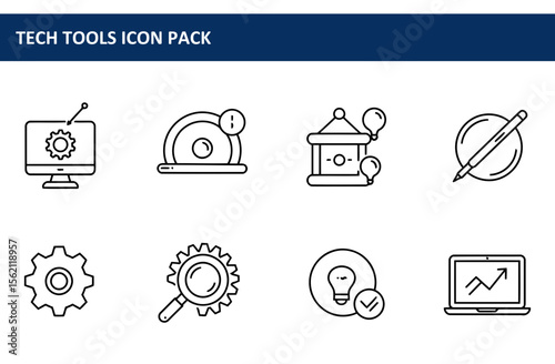 Line art collection of technology tools in a modern setting. Simple icons show various tools for work and communication. General use, universal icons.
