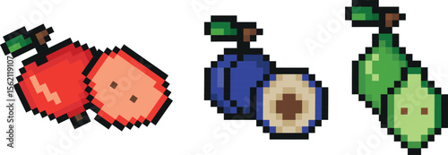 set of garden fruits in pixel art style, namely apple, pear and plum icons, retro 8-bit graphics style with visible square pixels and minimal color palette